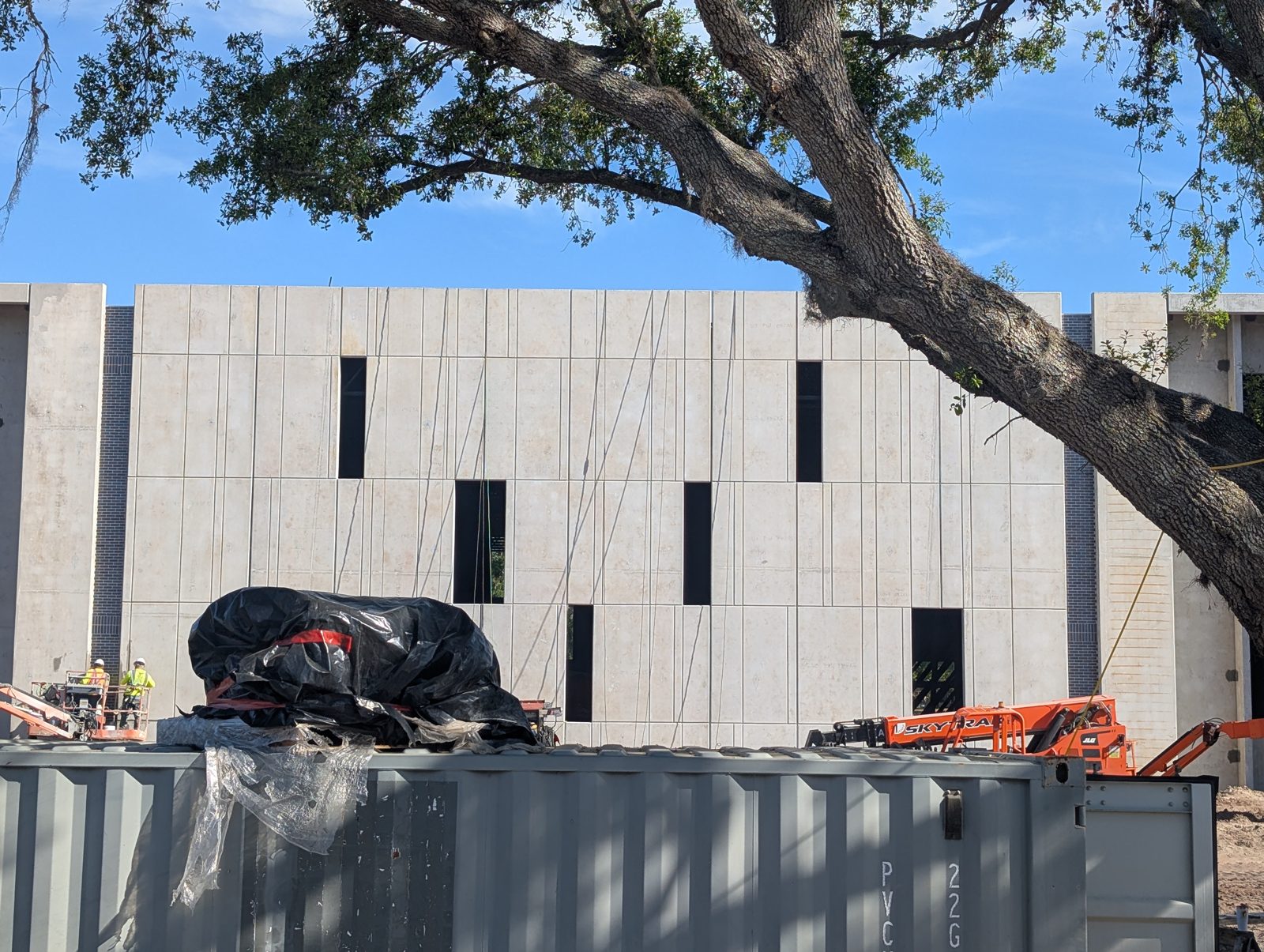 The Winter Haven Recreation & Cultural Center mid-construction, precast concrete panels up and lifts on site