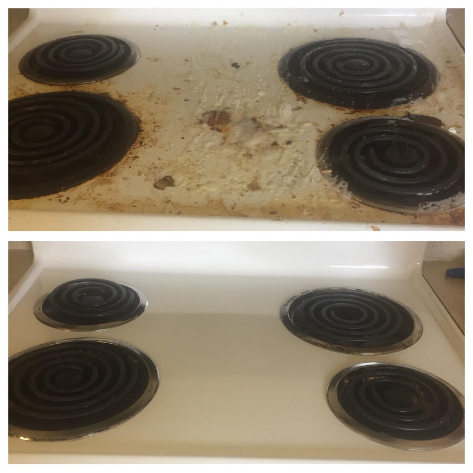 Electric stove cooktop — burnt grime before, spotless after, cleaned by Orchid