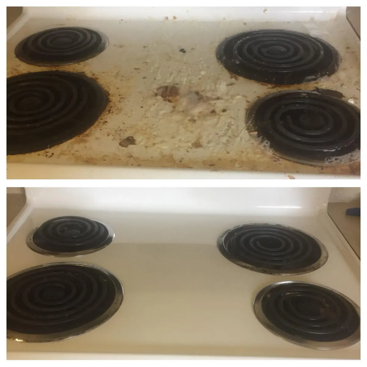 Electric stove cooktop: burnt grime before, spotless after, cleaned by Orchid